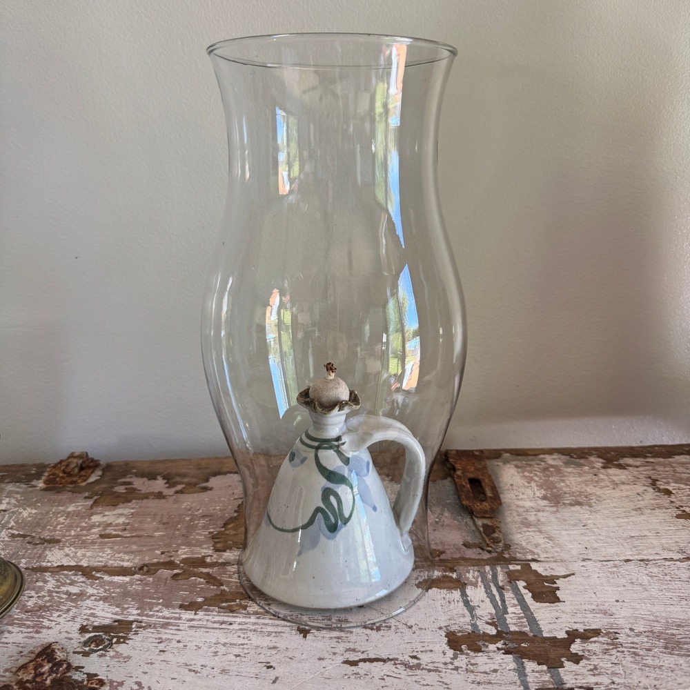 Studio Pottery Ceramic Oil Lamp with Glass Chimney Ambient Lighting Artisan